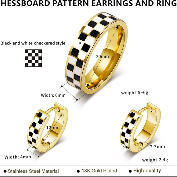 Checkered Jewelry Set Women 18K Gold Plated Stainless Steel Gift-Ready - Picture 6 of 7